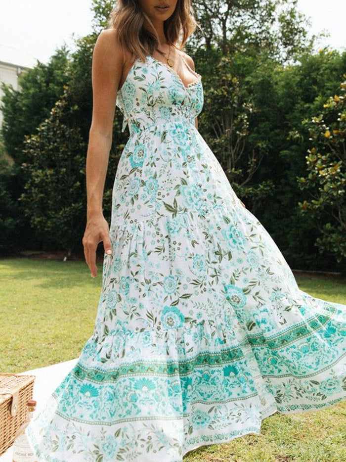 Lace Up V Neck Backless Floral Maxi Dress