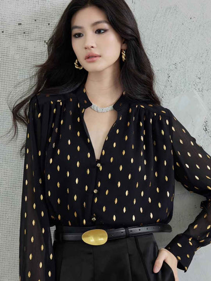 Ashley Loose V-neck Hot Stamping Chiffon Shirt