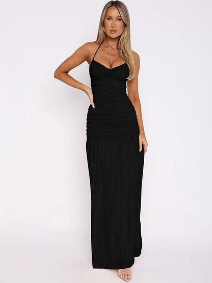 Tied Halterneck Ruched Slit Maxi Dress