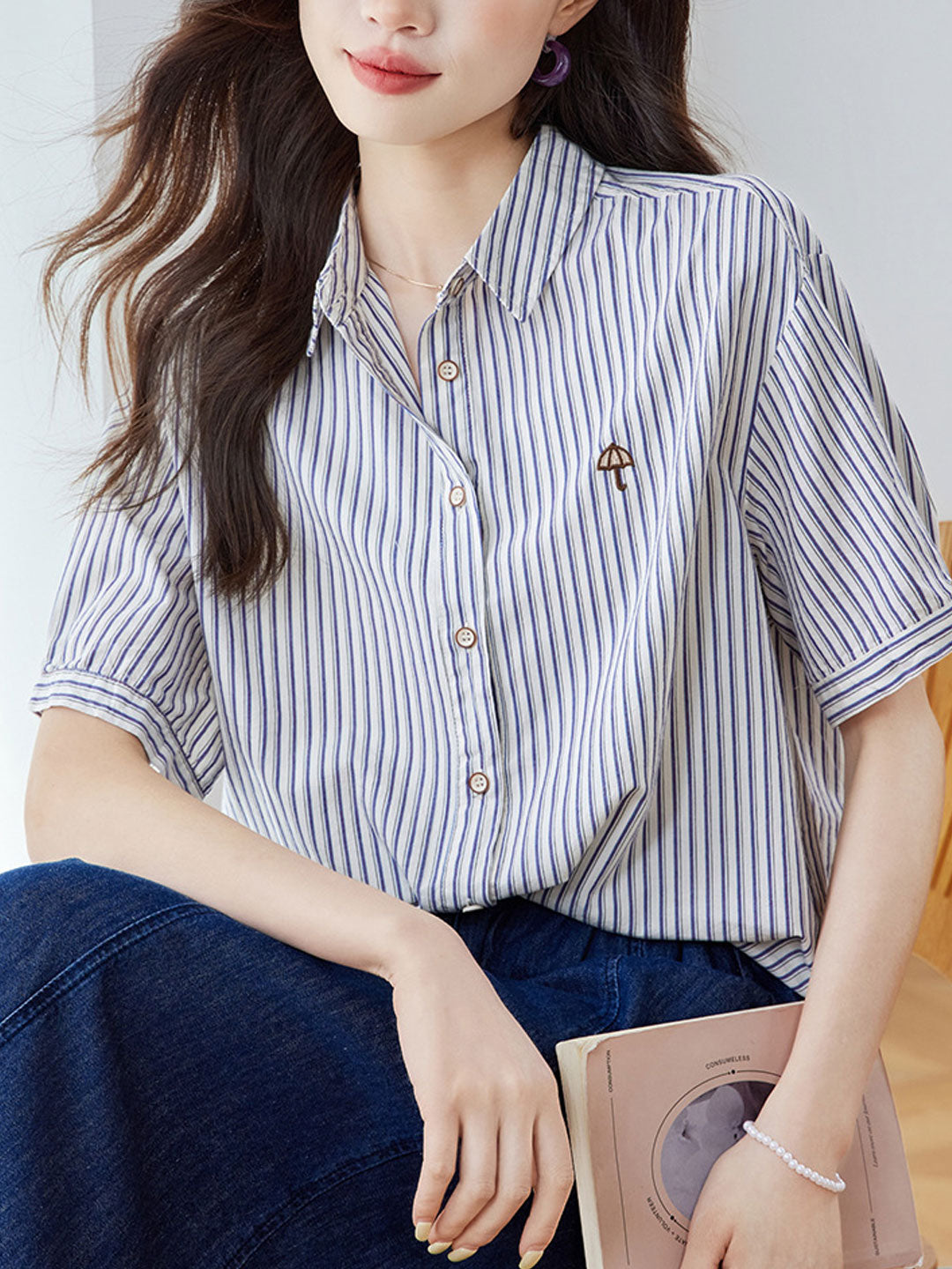 Genesis Loose Lapel Embroidered Striped Shirt