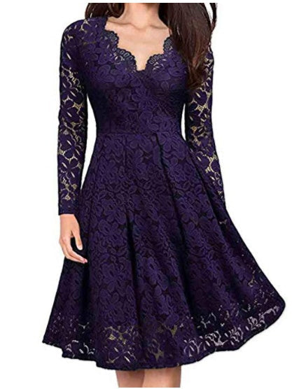 Long Sleeve Lace Solid Color Midi Dresses