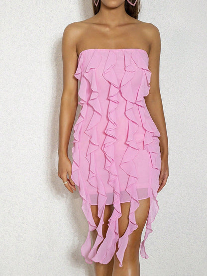 Pink Tube Top Ruffle Backless Dress