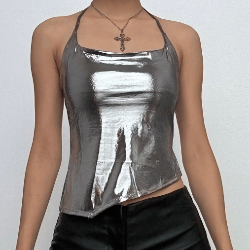 Metallic halter self tie backless solid slit top