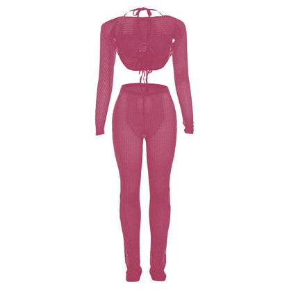 Halter shrug textured see through pant set