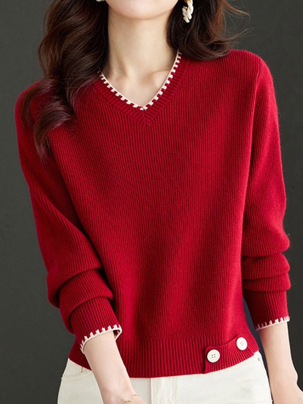 Isabella V-Neck Solid Color Knitted Sweater-Navy Blue