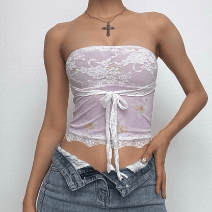 Sheer mesh lace self tie front floral print tube top