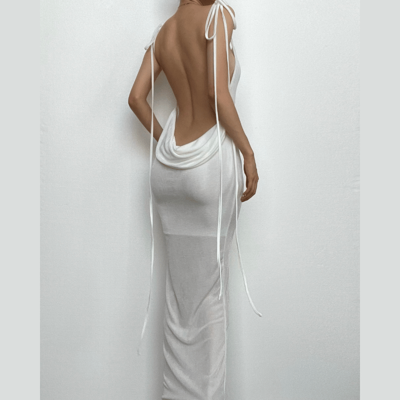 Cowl Back Tie Shoulder Spaghetti Strap Bodycon Maxi Dress