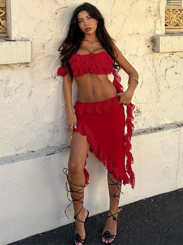 Ruffled Top & Irregular Asymmetric Skirt Set