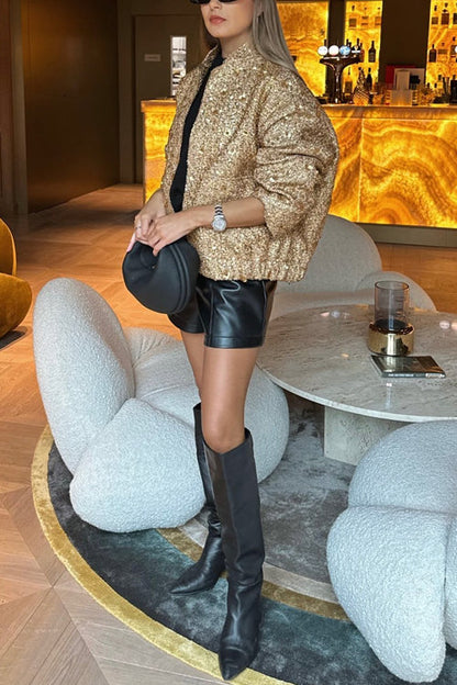 Stand Collar Zip Up Pocketed Sequin Jacket