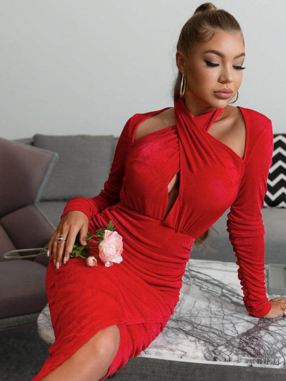 Fold Midi Dress Elegant Hollow Out Christmas Party