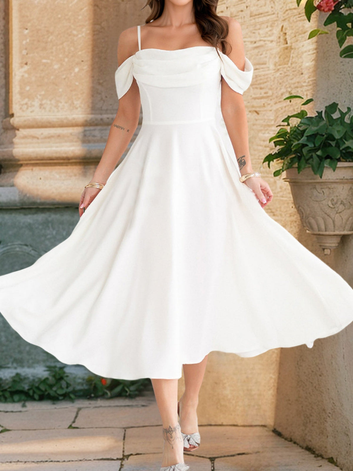 Ruffled Off-shoulder Spaghetti Strap Waist Maxi Dresses