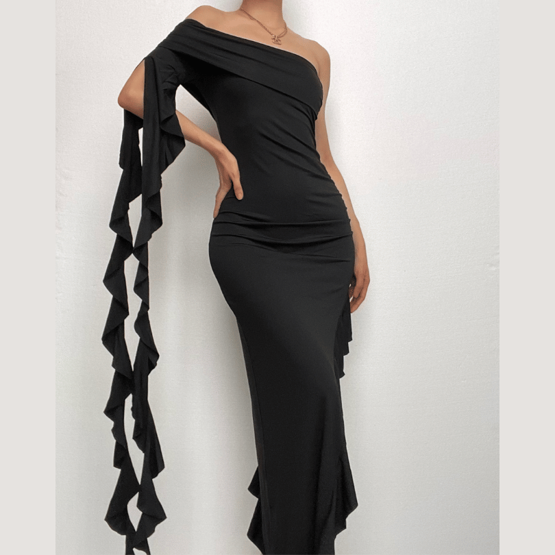 Ruffle solid one shoulder irregular backless maxi dress-final-sale