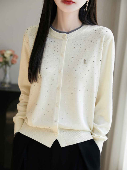Anna Classic Crew Neck Rhinestone Knitted Cardigan