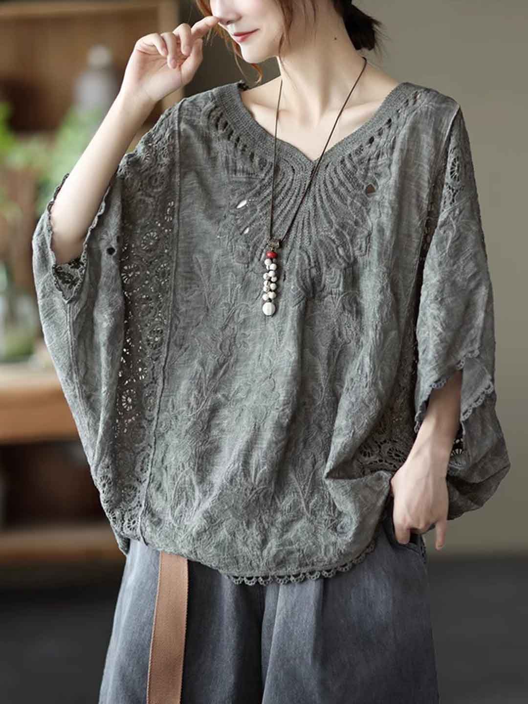 Maya Loose V-Neck Hollowed Crochet Top