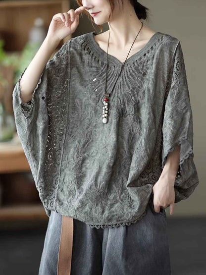 Maya Loose V-Neck Hollowed Crochet Top