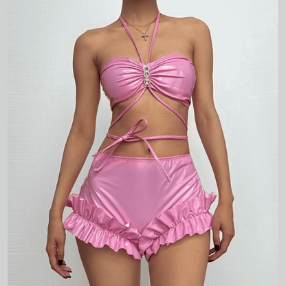 PU leather ruffled halter heart button pant set