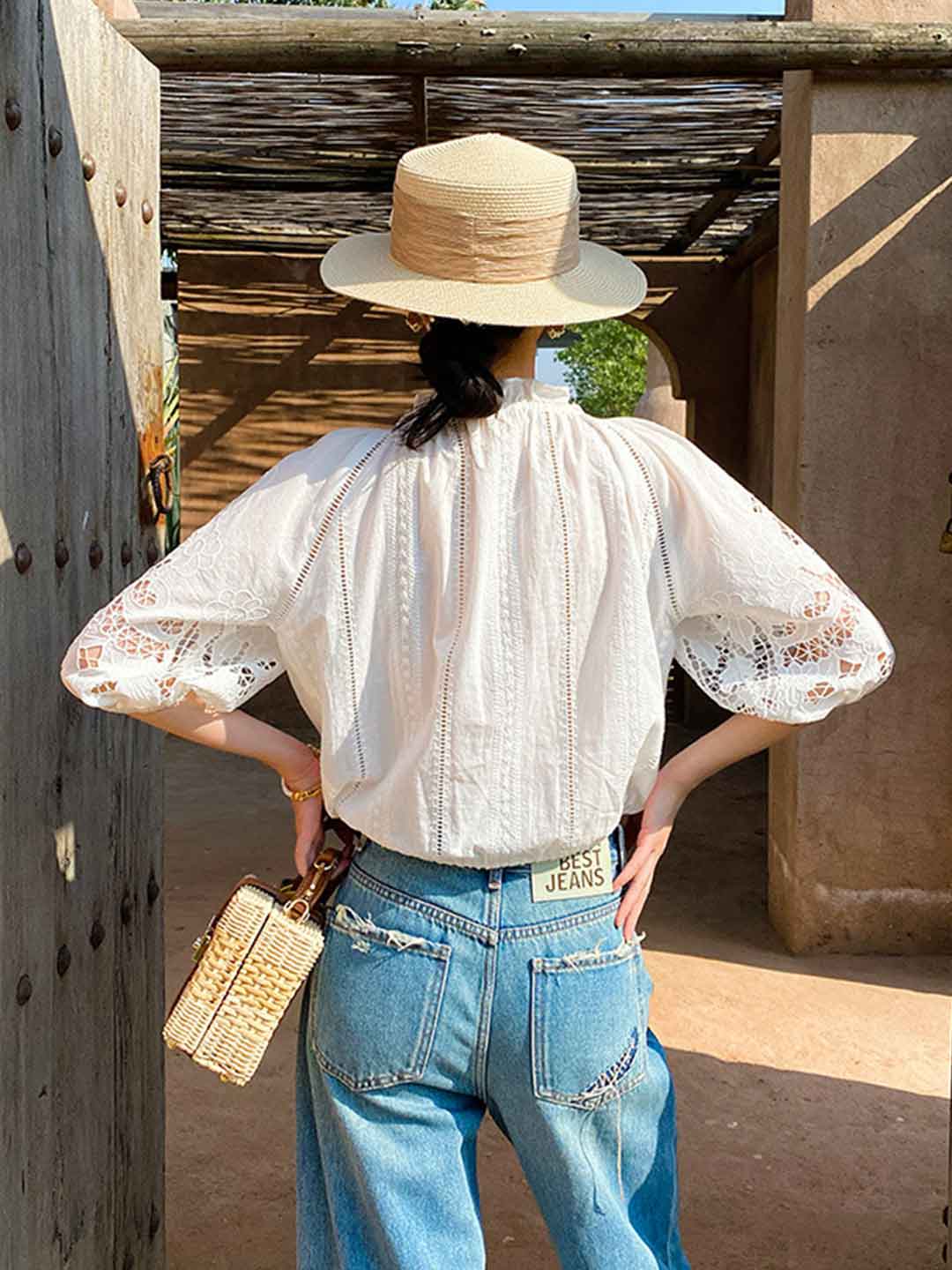 Bella Vacation Auricular Puff Sleeve Embroidered Top