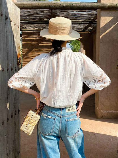 Bella Vacation Auricular Puff Sleeve Embroidered Top