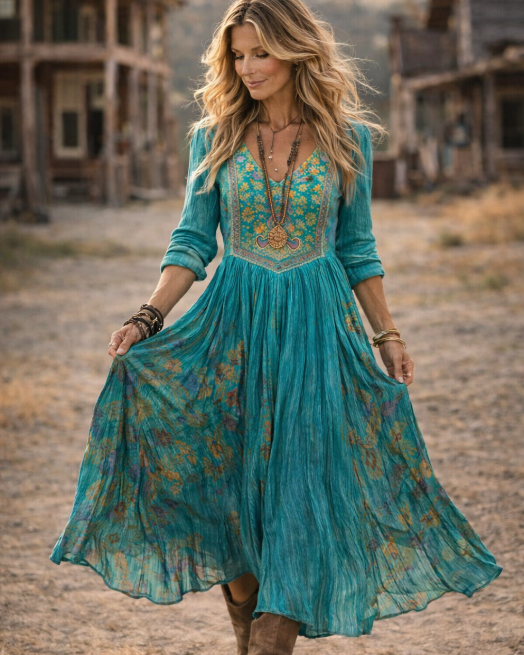Women's Boho Floral Long Sleeve Dress – Vintage Print Maxi Dress