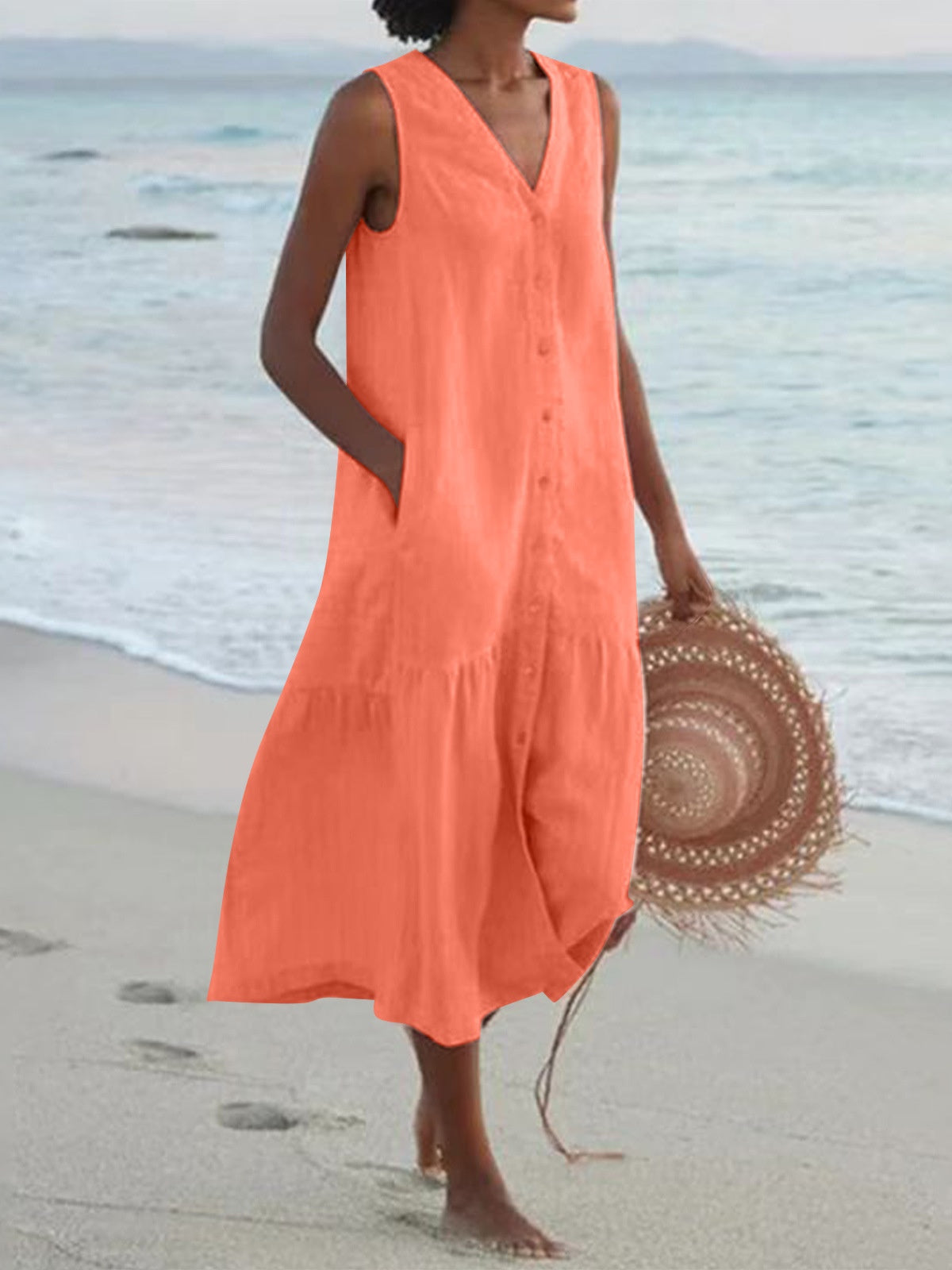 Loose-fitting V-neck Midi Dress
