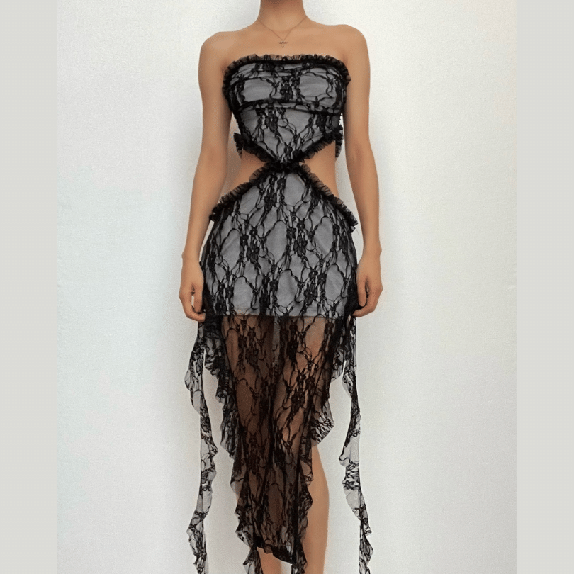 Lace ruffle solid slit hollow out backless tube cut out midi dress