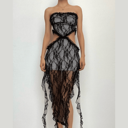 Lace ruffle solid slit hollow out backless tube cut out midi dress