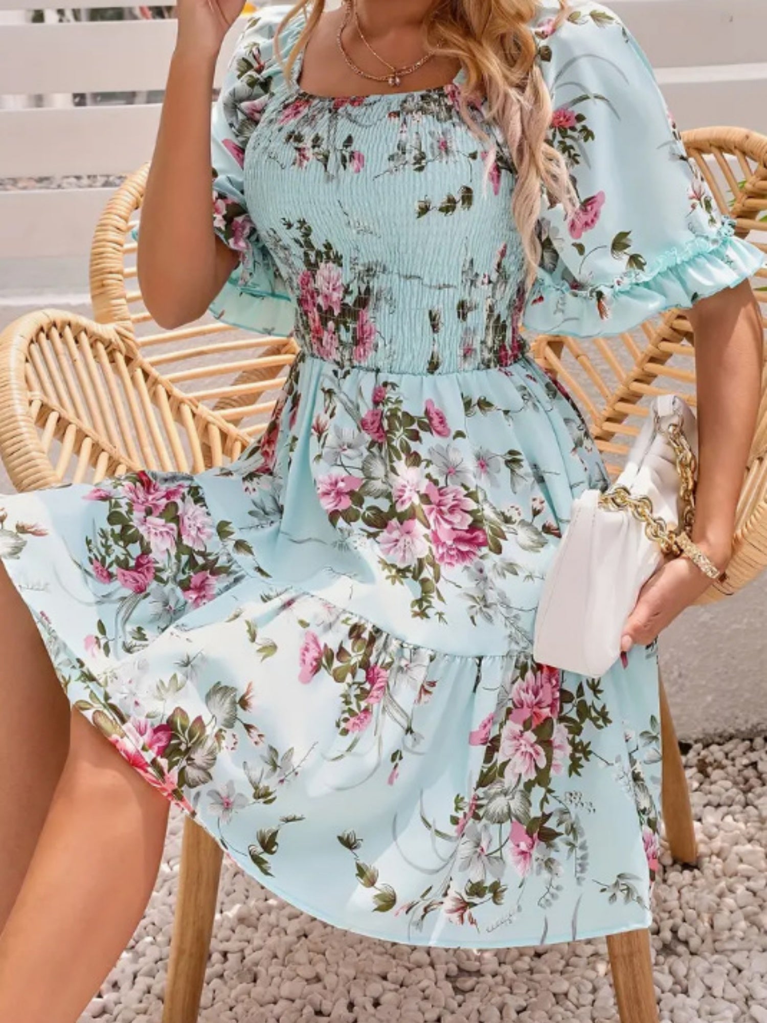 Printed Pleated Square Neck Short Sleeve Mini&Short Dresses