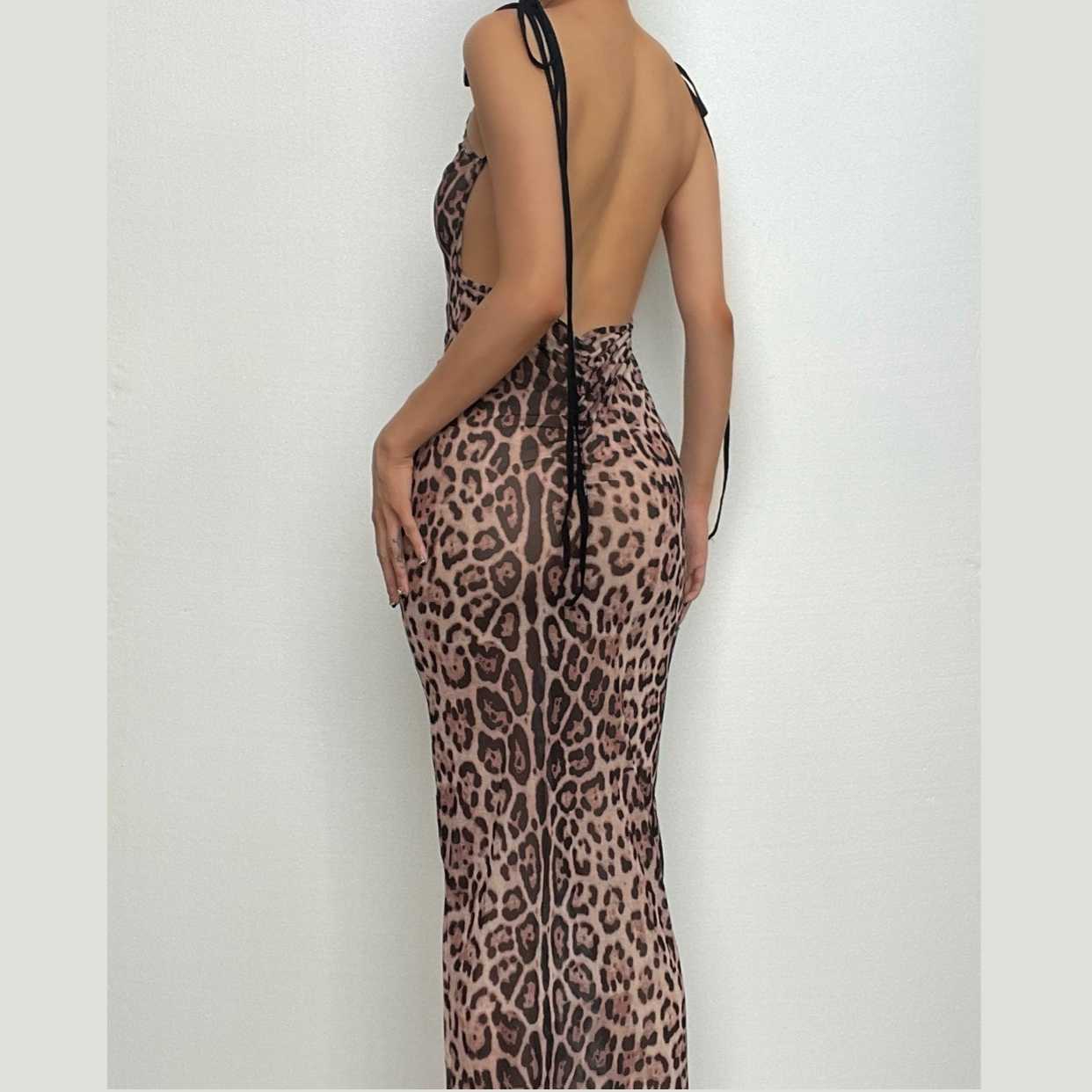 Sheer Mesh Tie Shoulder Halter Backless Bodycon Maxi Dress