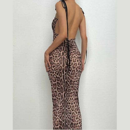 Sheer Mesh Tie Shoulder Halter Backless Bodycon Maxi Dress