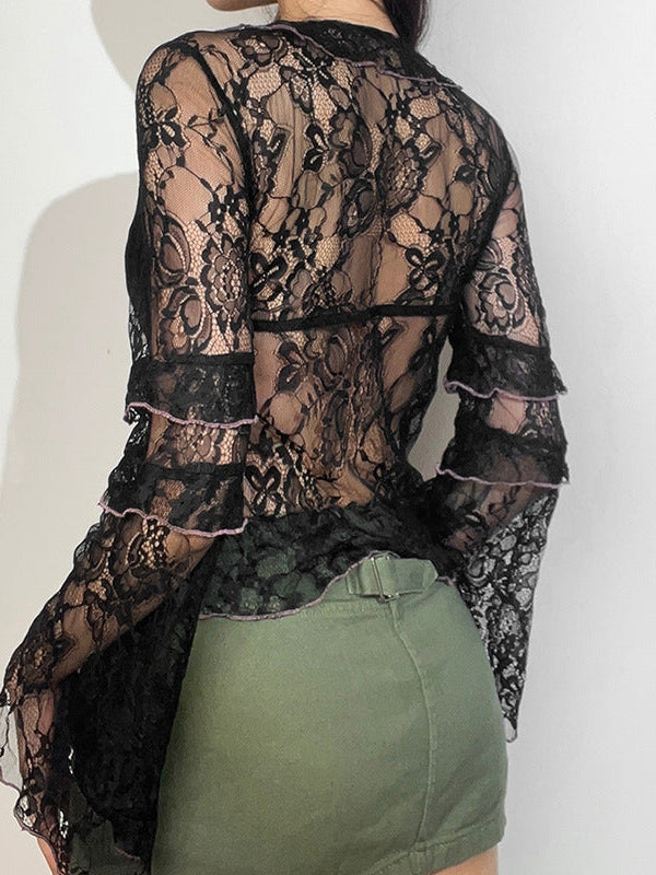 V Neck Tied Slim Fit Lace Hollow Top