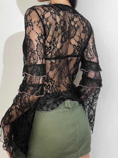 V Neck Tied Slim Fit Lace Hollow Top
