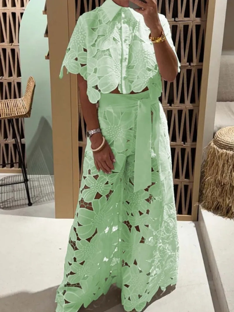 Hollow-out Cardigan Top And Wide-leg Pants Two-piece Set