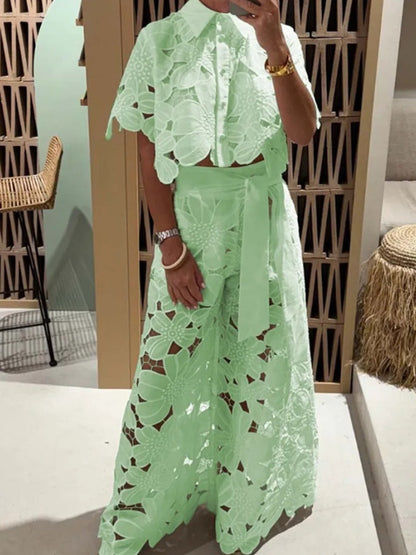 Hollow-out Cardigan Top And Wide-leg Pants Two-piece Set
