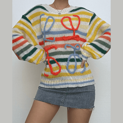 knitted long sleeve striped contrast crewneck top