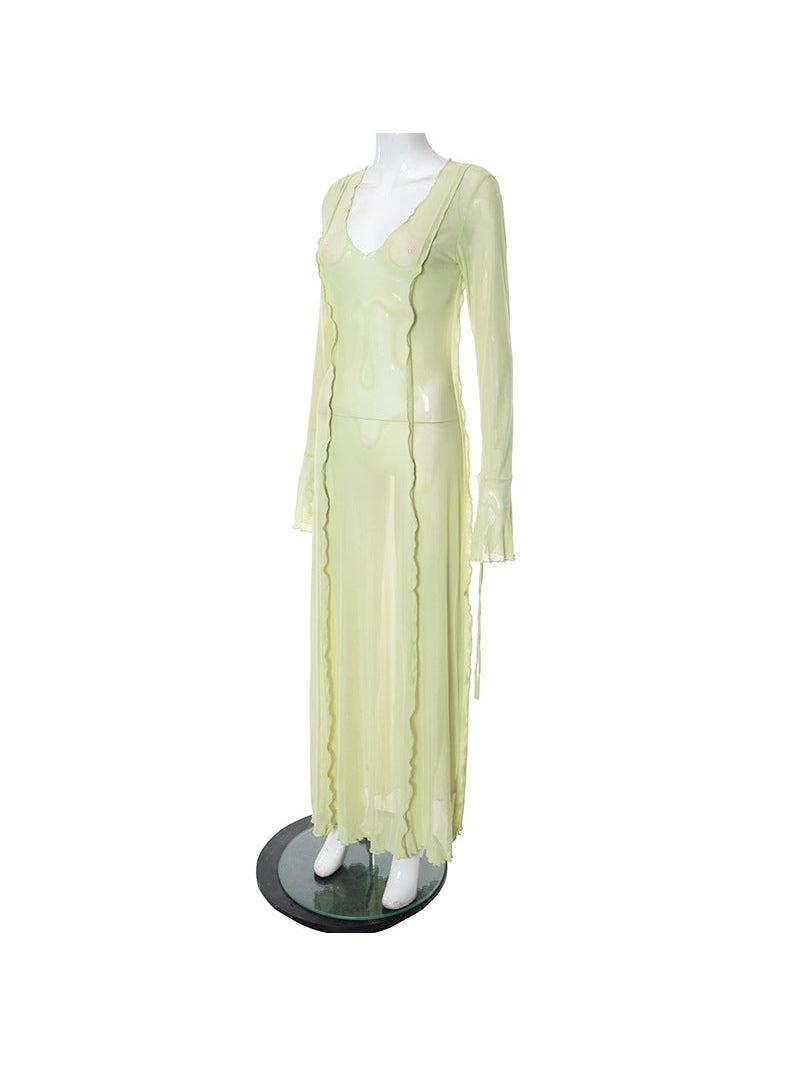 Low Cut Bell Sleeve Lace Long Mesh Dress