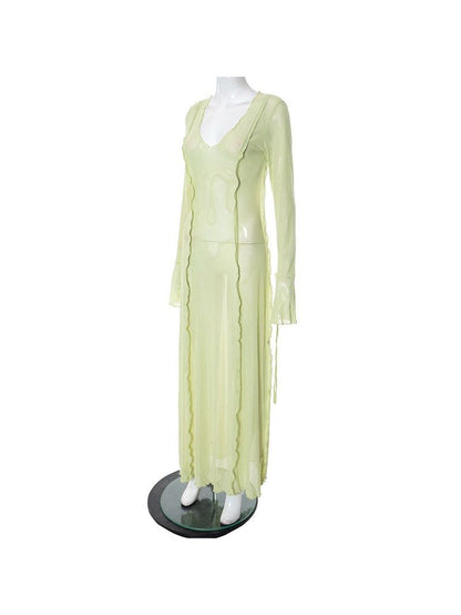 Low Cut Bell Sleeve Lace Long Mesh Dress