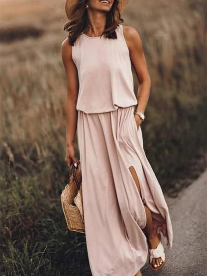 Round Neck Sleeveless Slit Long Dress