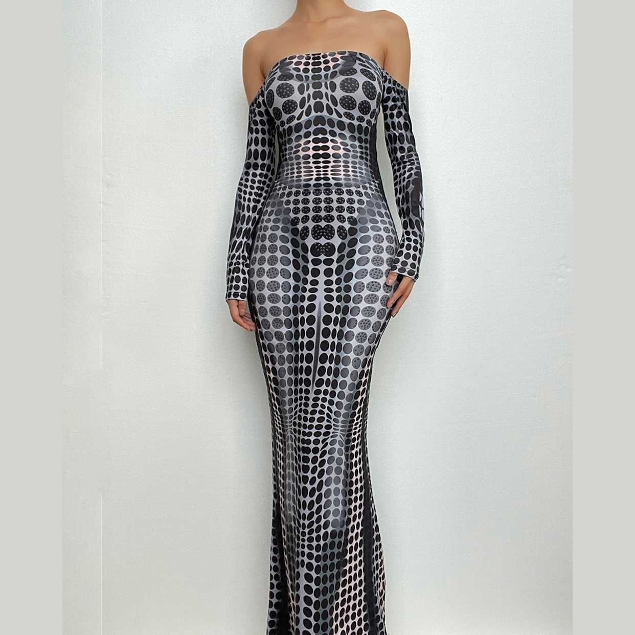 Off Shoulder Optical Illusion Dot Print Long Sleeve Bodycon Maxi Dress