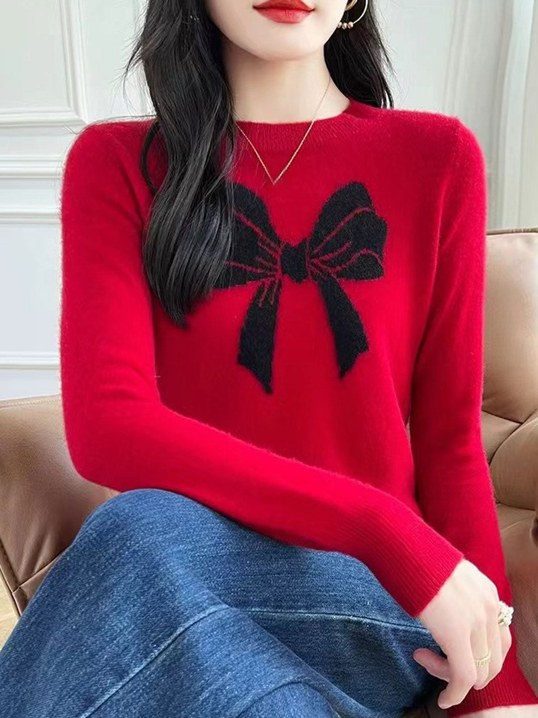 Charlotte Loose Crew Neck Bow Jacquard Knitted Top-Pink