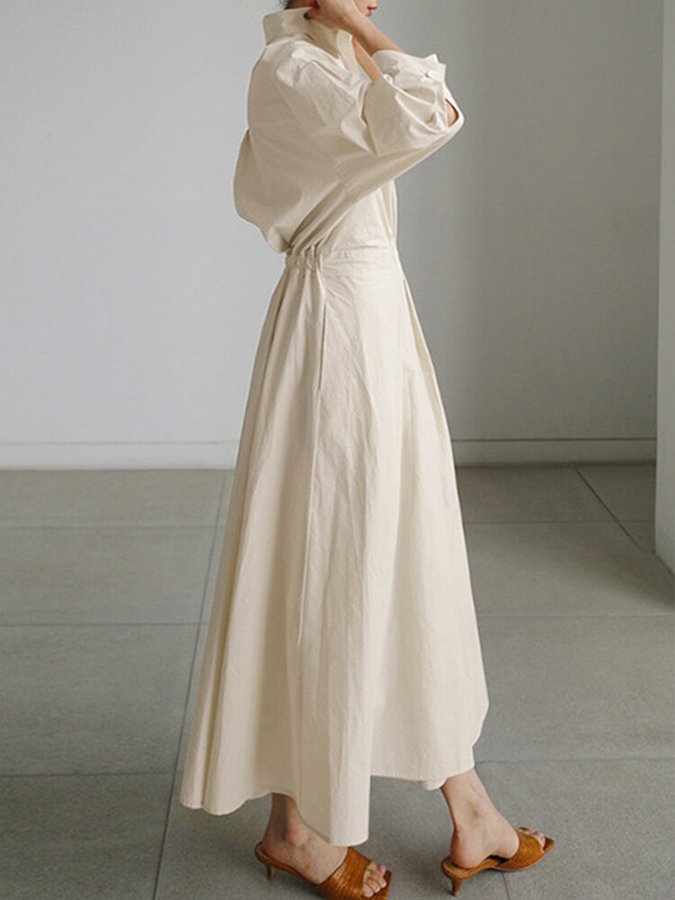 Deep V Collar Long Sleeve Pleated Pocket Midi Shirt Dress