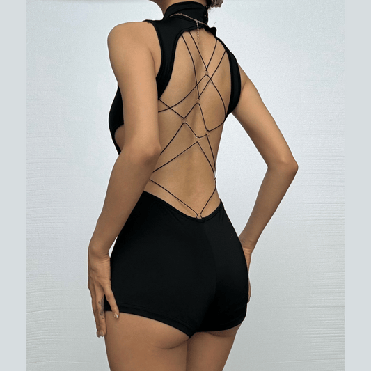 Sleeveless high neck button backless romper