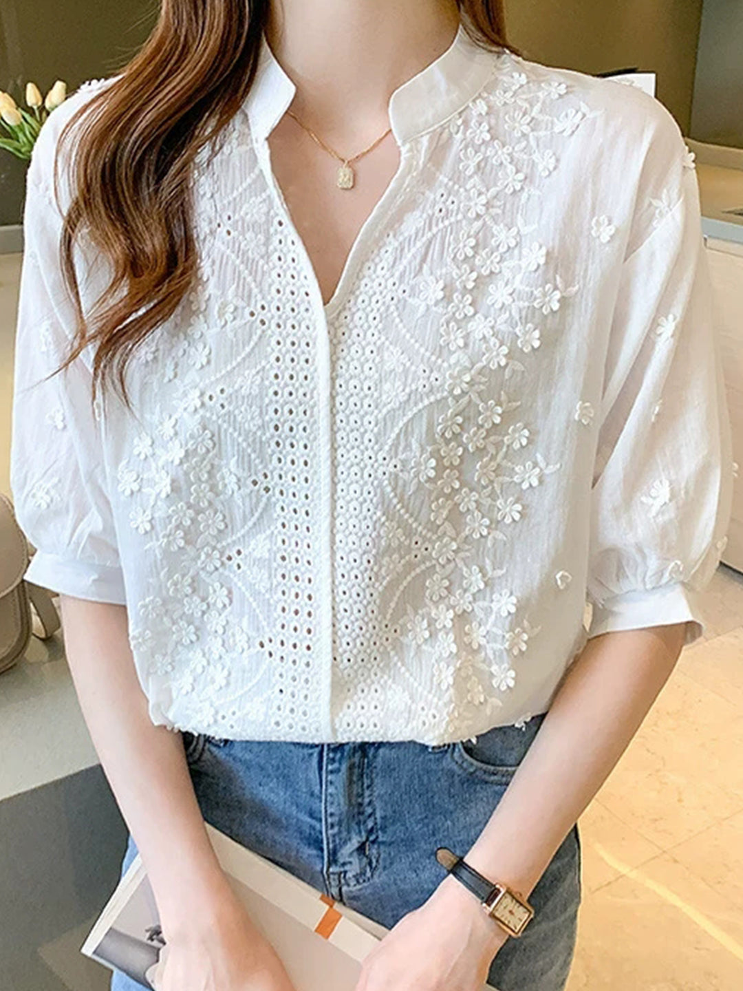 Alexa Embroidered Jacquard Lace Shirt