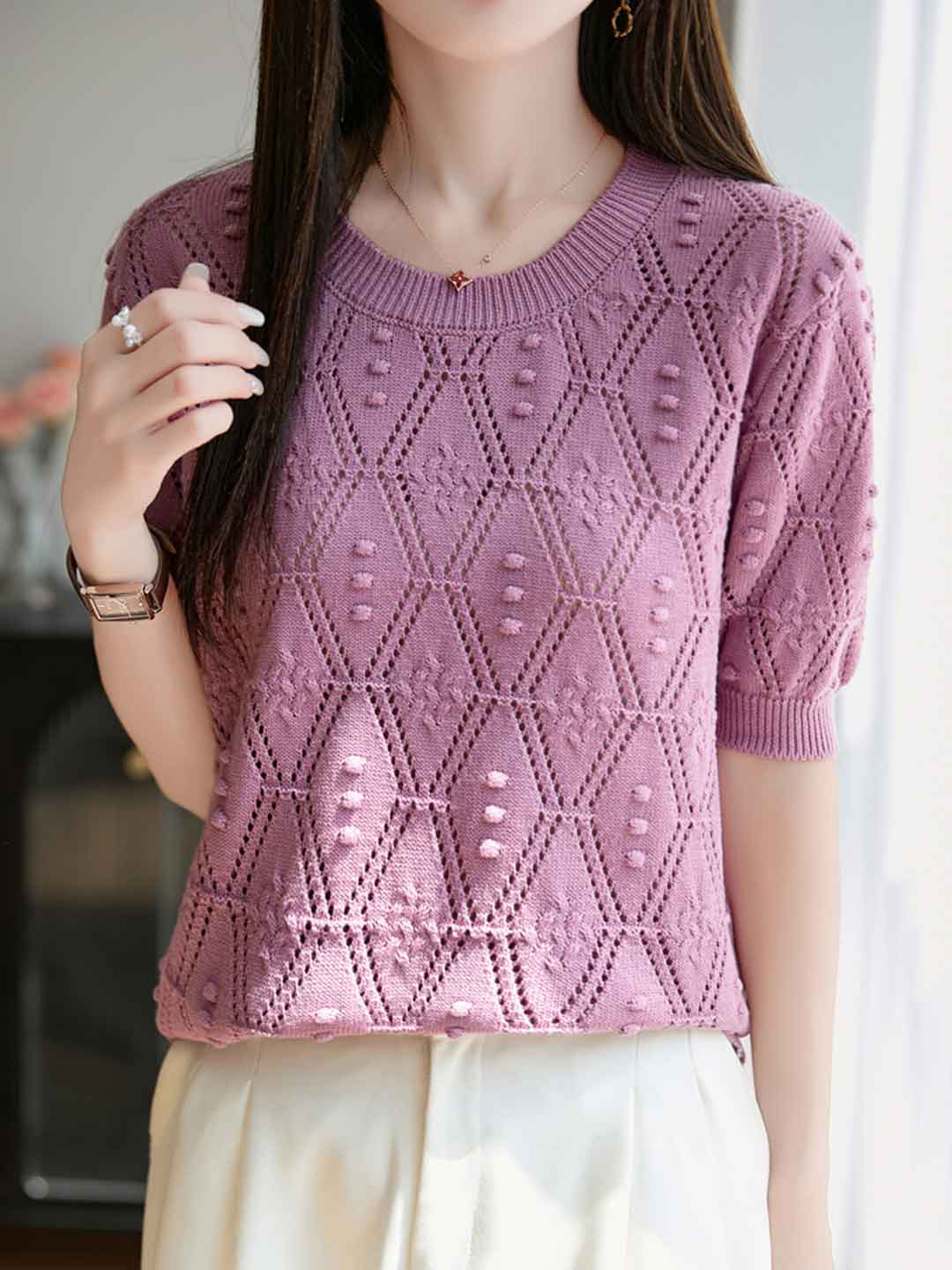 Genesis Loose Crew Neck Hollowed Knitted Top