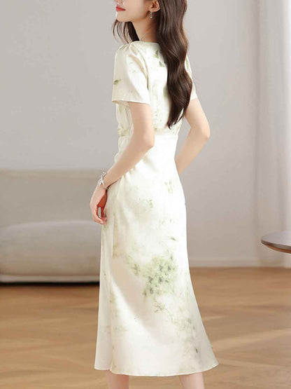 Ariana Elegant Square Neck Satin Printed Dress