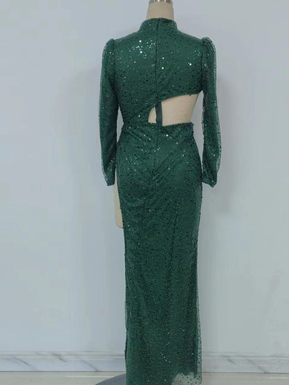 Green Asymmetric Sequins Cutout Cocktail Tail Dress