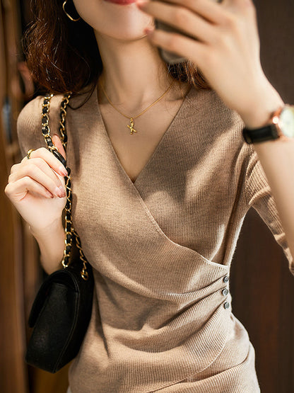 Jocelyn Casual V-Neck Solid Color Knitted Top-Black