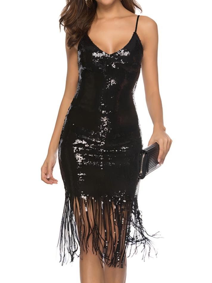 Deep V-neck Tassel Embroidery Sexy Sequined Backless Dress Midi Dresses
