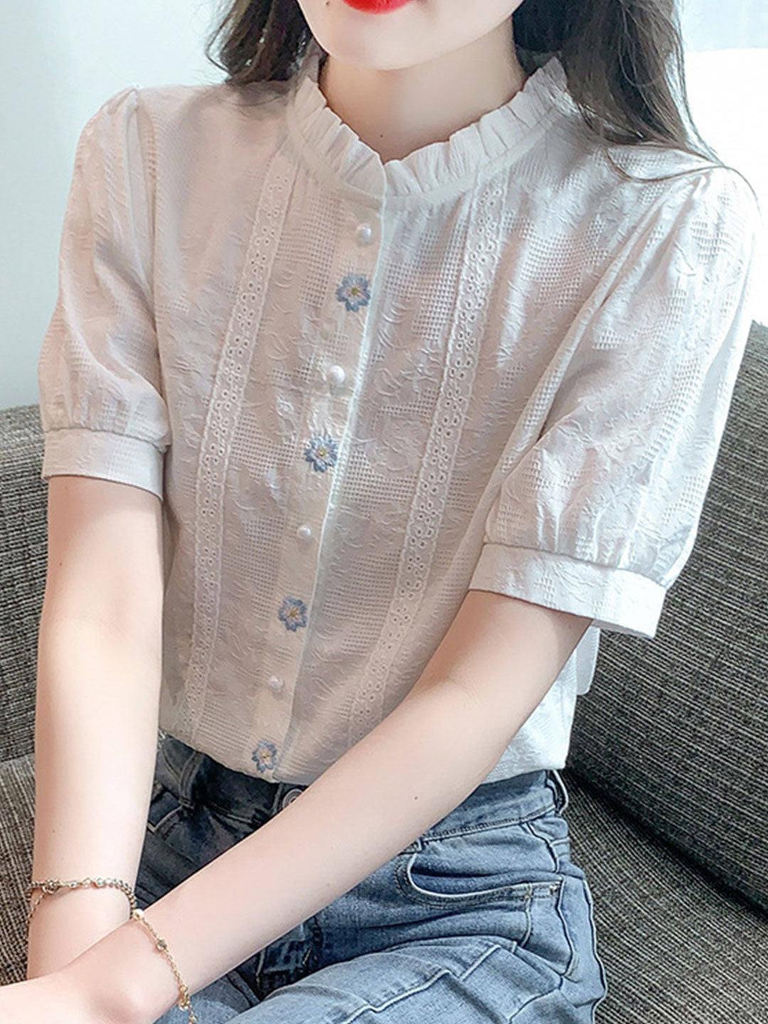 Lauren Retro Embroidered Jacquard Shirt-Blue