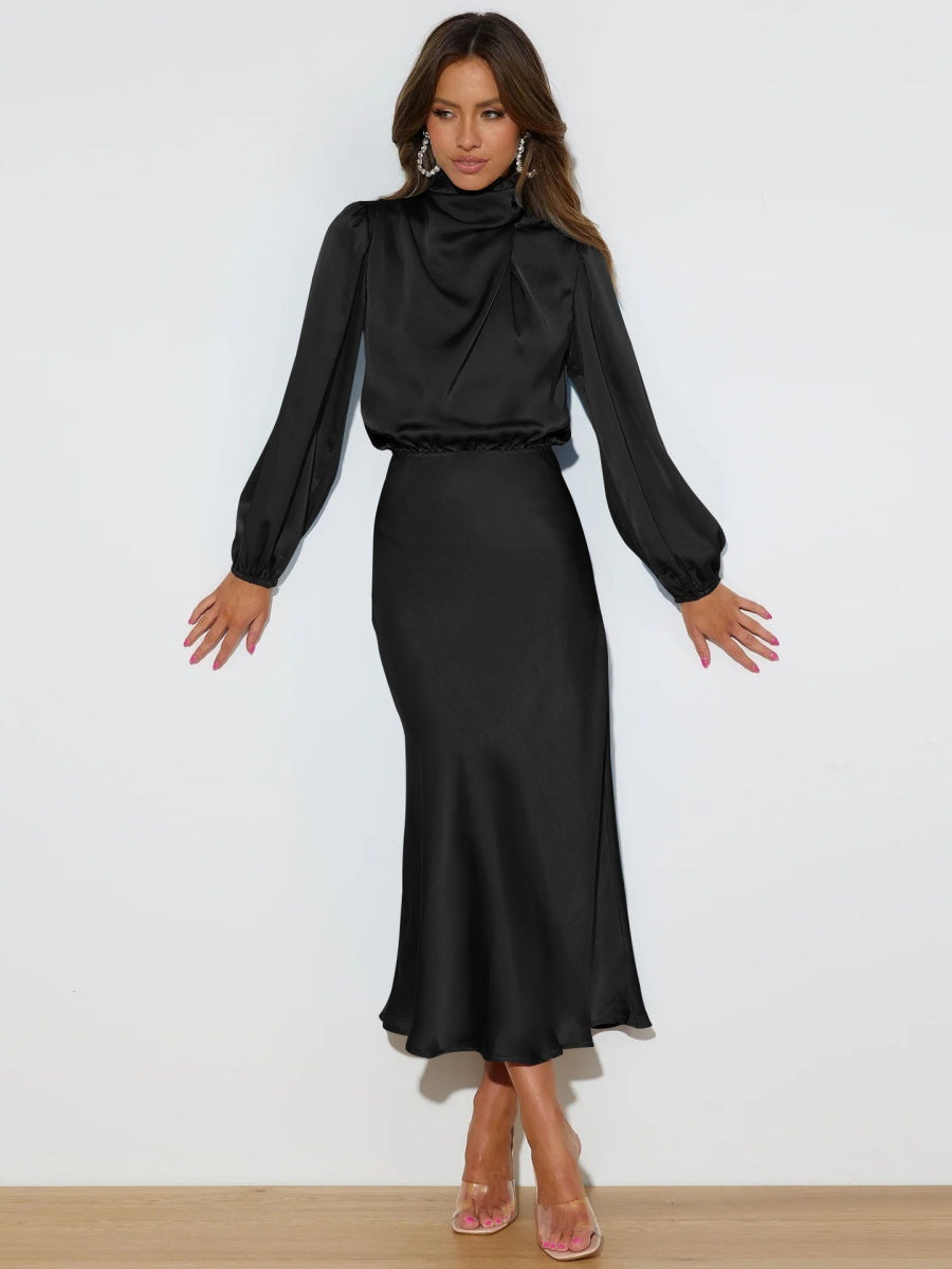 Satin Long Sleeve Loose Turtleneck Midi Dresses