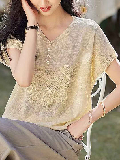 Brooke Vintage V-Neck Lace Panel Knitted Top